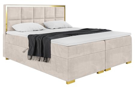 MEBLINI Boxspringbett mit Bettkasten - 180x200 - Gepolstert Doppelbett mit Matratze und Topper - Polsterbett mit Stauraum - Bett mit Kopfteil - Dani Gold - H3/Beige Samt