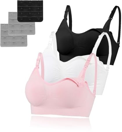 3 Pack Women's Nursing Bra, Seamless Wire-Free Nursing & Sleep Maternity Bras, Comfortable Night Nursing Bra with Removable Breast Pads & Extenders (L,Black/White/Pink)