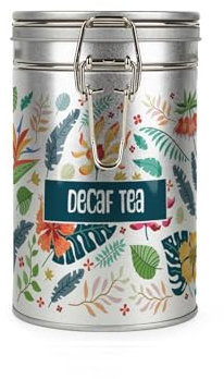 Purely Home Tropical Flowers Decaf Tea Canister - Silver Metal Clip Lid Kitchen Food Storage Jar/Container 600ml (14cm x 8.5cm)