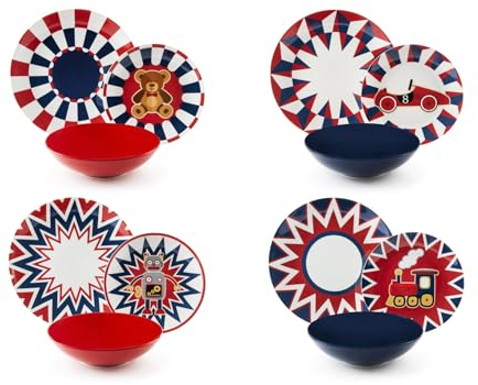 Excelsa Vintage Toys Servizio Piatti 12 Pezzi, Porcellana, Set 4 Persone, Multidecoro