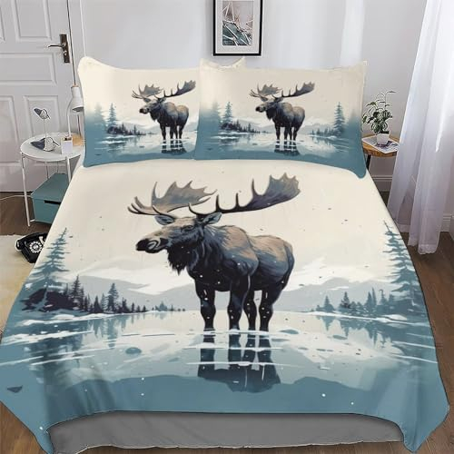 PAZZK Elch Bettwäsche Premium Atmungsaktive Angenehme Bettbezüge, Mit Reißverschluss Bettdeckenbezug, 2teilig Bettbezug + Kissenbezug Single (135x200cm)