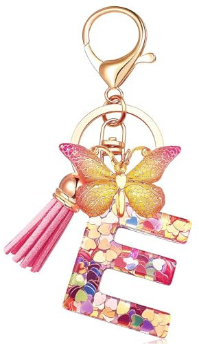 Vorysum Portachiavi Donna Con Lettera Iniziale per Ragazze e Donne Portachiavi Oro Portachiavi Con Farfalla Rosa Carina per Zaino e Borsa da Scuola-E
