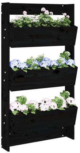 JUDYY Jardinière Murale 3 Niveaux 60x18,5x110 cm Noir Bois pin Massif,Jardiniere sur Pieds,Bac avec Treillis,Jardiniere Terrasse