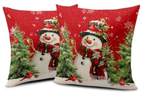 Wnoesat Weihnachts-Kissenbezüge mit Schneemann-Motiv, Rot, 45,7 x 45,7 cm, 2 Stück, Winter, Schnee, Schneemann, Tannenbaum, Vogel, Druck, dekorative Outdoor-Kissenbezüge, Weihnachts-Kissenbezüge,