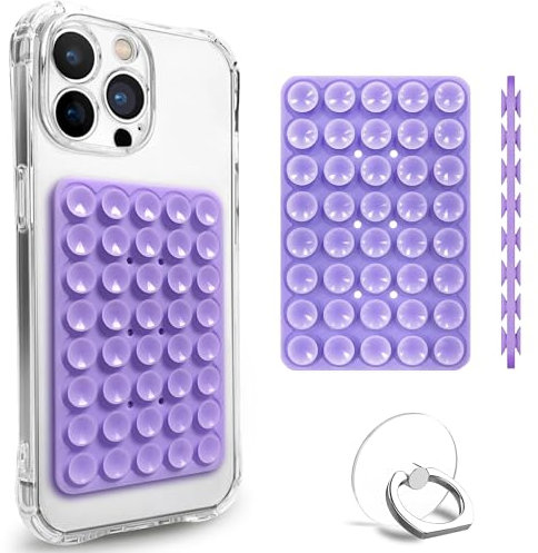 Soporte con ventosa, funda de silicona de doble cara, agarre adhesivo para iPhone y Android, juguete manos libres, espejo para ducha, soporte para teléfono para selfies y videos (morado)