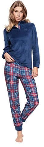 Leo Corsetteria Pigiama Serafino Lungo Donna in Pile Caldo Invernale Collo Alto L.B. Blu Taglia XL