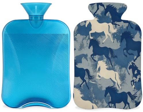 Blue Camouflage Horses Hot Water Bottle with Cover, Navy Camo 2L Hot Water Bag for Pain Relief, Neck and Shoulder, Hand Feet Warmer