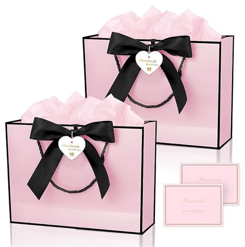 Sacs cadeaux avec anse, petits sacs cadeaux avec cartes de vœux, papier Sydney, adaptés pour mariages, anniversaires, fêtes (rose, 28 x 20 x 10 cm)