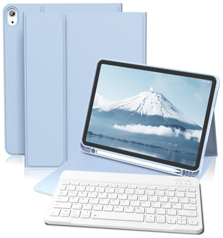 GKABXY Hülle mit Tastatur für iPad A16 11/10 Generation 2025/2022, 11/10.9 | Soft TPU Rückseite Gehäuse mit Stifthalter, Magnetische Abnehmbar Kabellose Bluetooth Tastatur, QWERTZ-Layout, Hellblau