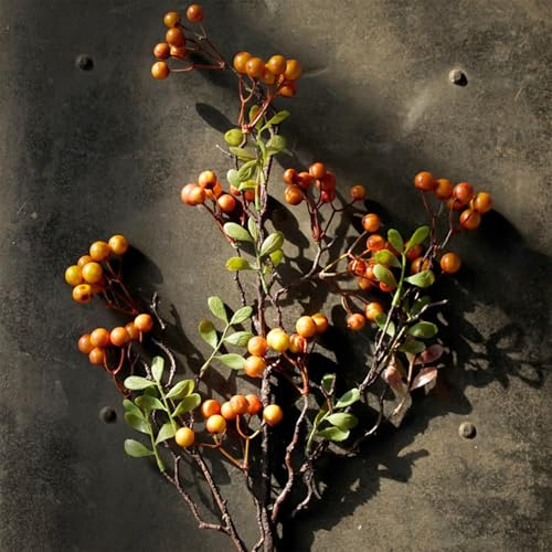 Künstliche Rote Beeren Hagebutten Deko Zweige Herbst Kunstblumen Weihnachten Beerenzweig Weihnachtszweige Hagebuttenzweig Herbstzweige Herbst Blumen Künstlich Stechpalme für Bodenvase(Orange,6Pcs)