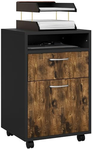 HOMCOM 60cm Filing Cabinet with Drawer, Open Shelf, Metal Handles and 4 Wheels, Office Home Organiser Mobile Printer, Rustic Brown