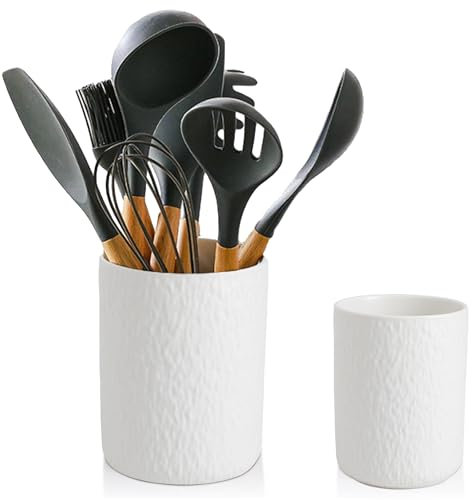 AmiCera 2 Pack Utensil Holder, Ceramic Kitchen Canisters Organizer for Countertop, 4.7 Inch & 4 Inch Pot Kitchen Utensil Holder for Bar, Restaurant (White)