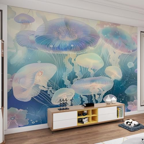 QDJKBL Leuchtende Quallen, Wandbilder, blaue Unterwasserkreaturen, Unterwasserwelt, Tapete, Wandaufkleber 3D-Tapete, pflegeleicht, wasserfest, für Flur, Kinderzimmer, Kinderzimmer - 150 x 100 cm
