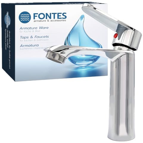 FONTES Waschtischarmatur Hoch 18 cm - Mischbatterie Waschbecken aus Messing und Zink mit Chrom-Finish - Wasserhahn Badezimmer mit Keramik Kartusche - Bad Armatur für Montageöffnung von 35 mm