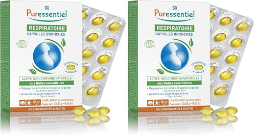 Puressentiel - Respiratoire - Capsules Bronches aux huiles essentielles Bio - Actifs 100% d'origine naturelle - Dégage les bronches, apaise la gorge & assainit les voies respiratoires - 30 capsules