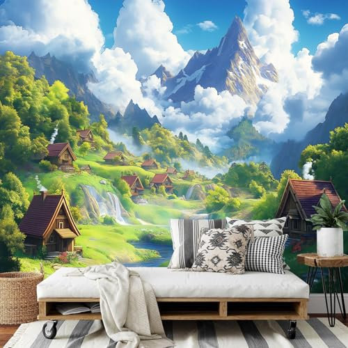 Papier Peint Panoramique 3D, Montagnes Petite Ville, Matériel de Soie, 450x315cm (L×H) Tapisserie Panoramique, Pour Salon Chambre Décoration Murale Dessin Animé Personnalisé Murale