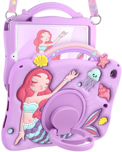 Boaretiu for iPad mini 4 Case/Mini 5th Generation Case - Cute Cartoon Mermaids Girls Teens Soft 3D Silicone for iPad 7.9 Inch Tablet Cover with Strap & Rotating Stand