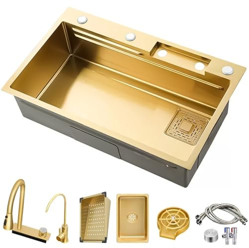 ASKLFNEI Lavandino Cucina, Cascata Lavello Cucina, 1 Vasche in Acciaio Inox Oro Rettangolare, Lavello Cucina Multifunzione per Workstation, Accessori Completi(85x50cm)