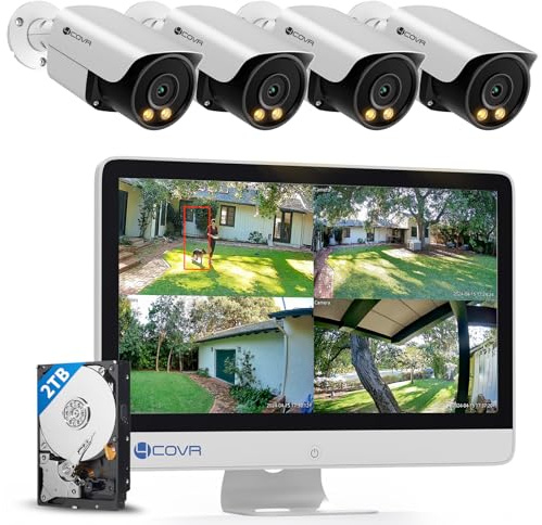 4COVR 5MP PoE Überwachungskamera Set mit Monitor, mit 2TB, DLY37YX5MU804 | 4×5MP Bullet IP Kamera IP67, 2-Wege-Audio & Intelligente Farbnachtsicht, Personen-/Fahrzeugerkennung, Fernzugriff, 8CH NVR