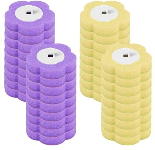 Brosse de toilette, jetable, avec têtes de rechange pour tige de toilette, brosse WC avec recharge de nettoyant et éponge (36 têtes de rechange (jaune violet)