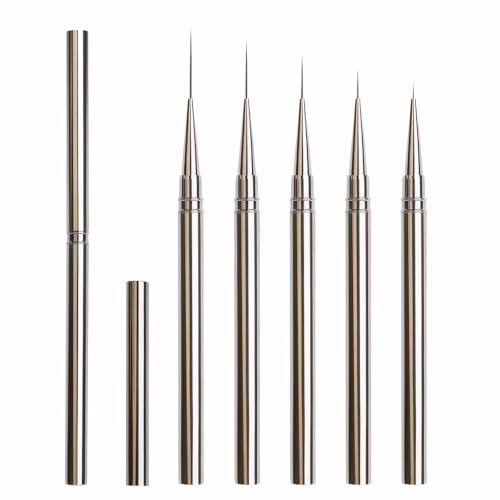 Lot de 5 pinceaux à ongles longs et fins pour vernis à ongles gel, peinture de détail et rayures - Pinceaux professionnels pour nail art avec poignées en métal durables pour salon et manucure à faire