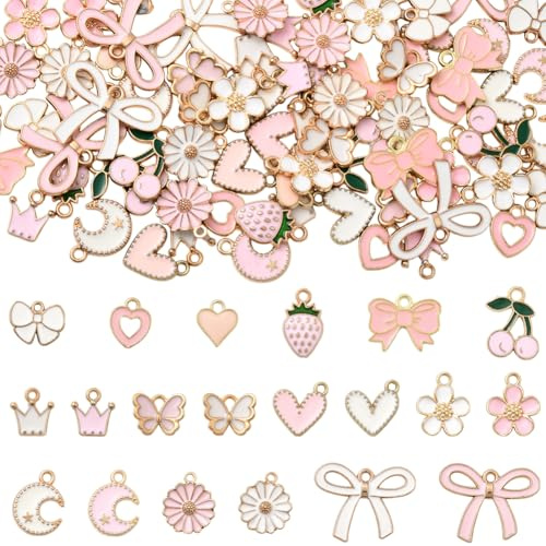 SUNNYCLUE 1 scatola Da 80 pezzi 20 stili Assortiti Ciondoli Rosa Ciondoli In Metlega Smaltato Lega Sfusa A Forma di Fiocco Fiore Cuore Farfalla Corona Luna e Stella per La Creazione di Gioiel