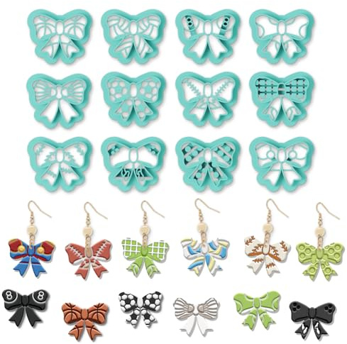 ORIGACH 12 Pcs Bow Shape Polymer Clay Cutters, Bow with Sports Ball Pattern Design Clay Cutters for Polymer Clay Jewelry Earrings with a Clear Storage Box