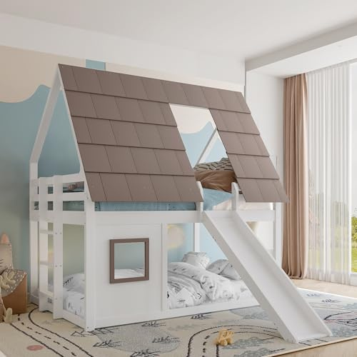 Aunvla 140 x 200 Holzhaus-Etagenbett mit Dach, Leiter und Rutsche, Weiß+Braun