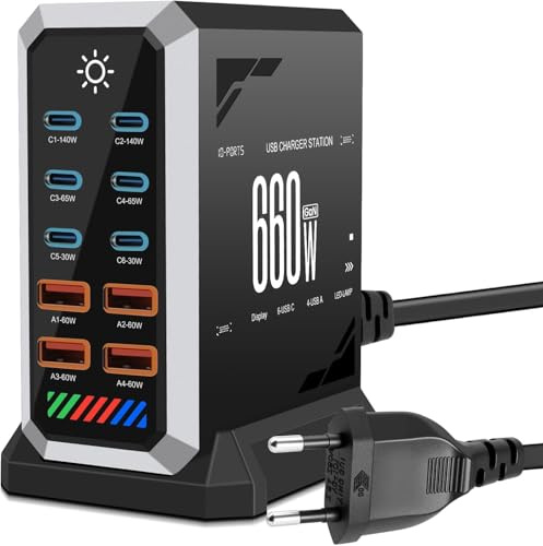 Glitfix 660W USB C Ladegerät Mehrfach, 10 Ports Schnellladegerät, Gan Power Ladestation mit 6 USB C + 4 USB A Ports für MacBook Air, iPad, iPhone 17/16/15/14, Galaxy S22 S20