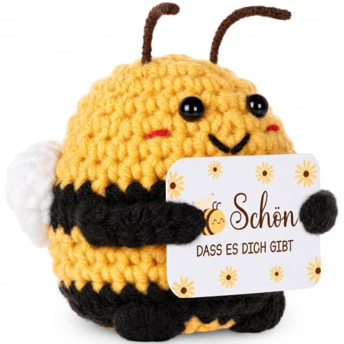 WenmthG Kleines Dankeschön Geschenk Gestrickte Positive Biene Deutsch Glücksbringer für Frauen Männer Freunde Kollegen und Famili, Bee Happy Biene Positive Kartoffel Deutsch Ersatz - 1 St