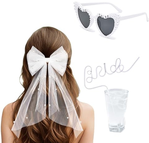 SHENYI Bachelorette Party Veil - Edgy Embroidered Bow Headpiece, Bride Sunglasses and Straw | 2-Layer Pearl Veil, Bridal Shower Photo Booth Must-Have, Dare Game Props, Bride to Be Survival Kit