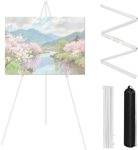 Woobroo Display Easel Stand for Wedding Sign, 160CM Collapsible Tripod Easel for Wedding Banners, Painting Canvas, Posters with Adjustable Plastic Clips & Carry Bag (white)