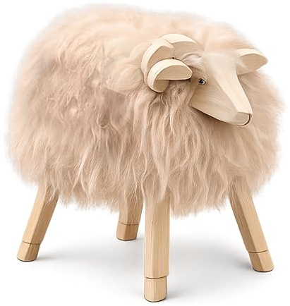 LIRA Deko Schafhocker – Handgefertigtes Dekoelement, Körper aus Fichtenholz, Kopf und Geweih aus Lindenholz, nordische Skandi-Deko, einzigartige Geschenkidee, L, beige