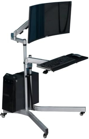 MagicHold Mobile Bedside Computer Desk with Gas Spring Monitor Arm and Keyboard Tray, Adjustable Rolling Workstation for Bed, Sofa or Chair, Metal Frame PC Stand with Wheels