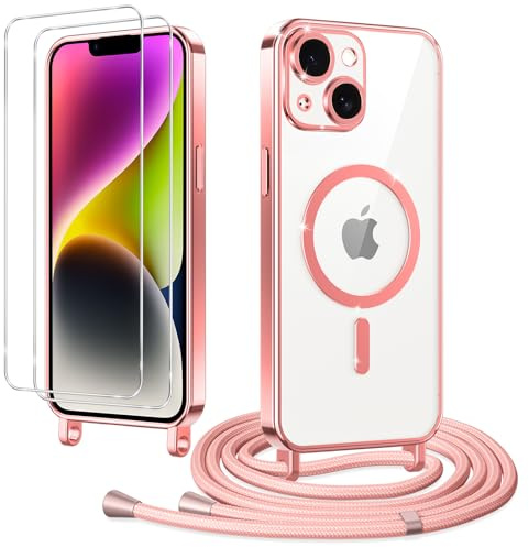 Coiwxmoi Magnetica Cover con Cordino per iPhone 15 6,1 con 2 Vetro Temperato, Trasparente Ultra Sottile Silicone Custodia con Laccio Regolabile Antiurto Protettiva Cover per iPhone 15, Rosa