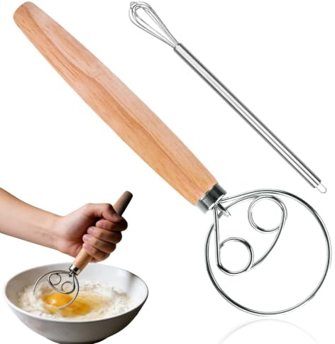 Dänischer Teigbesen 24 cm & Schneebesen 2er Set Edelstahl | Doppelspirale, Eichenholzgriff, Leicht zu Reinigen, Ergonomisches Design für Backen Kuchen Brot Teig Eier und Saucen