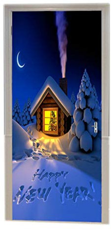 Feliz Año Nuevo Saludos Blanco Nieve Casa De Madera Chimenea Vacaciones De Navidad 3D Impresión Puerta De La Sala De Vinilo Pegatinas De Pared Murales De Pared Pegatinas Carteles Diy Arte Decoración