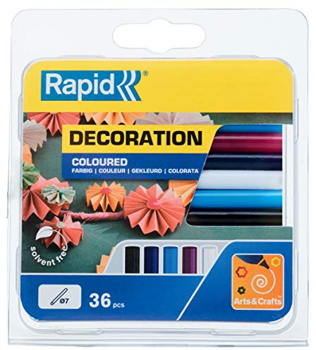 Rapid Heißklebesticks Farbig – Schwarz, Weiβ, Blau, Cyan, Magenta - 36 Klebesticks 90mm Länge, zum Basteln und Dekorieren, für Klebepistole 7mm