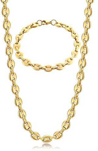 AFSTALR Collana Chicco di caffè Uomo Acciaio Inossidabile 6mm Bracciale Chicco di caffè in Set Bracciale con Catena Uomo Gioielli Oro Hip Hop di caffè Argento 61CM