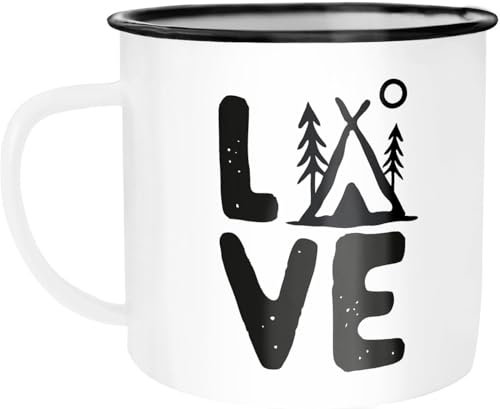 Moonworks Emaille Tasse Becher Love Camping Outdoor Design Zelt-Motiv Travelling Trekking Kaffeetasse weiß-schwarz Emailletasse