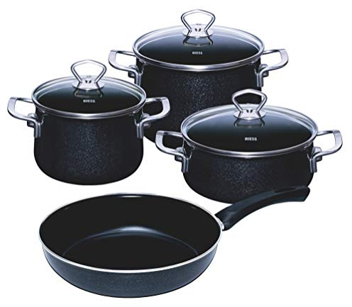 Riess, Nouvelle Black Magic Extra Forte, 0519-009, set da 4 pezzi, composto da: pentola per carne con coperchio in vetro da 16 e 20 cm, casseruola con coperchio in vetro da 20 cm e padella smaltata da 28 cm