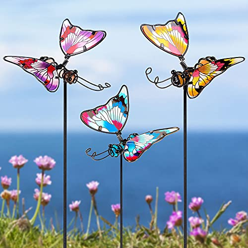 Juegoal Set mit 3 Schmetterlings-Gartensteckern, 50.8 cm, bunte Schmetterlinge, Glas und Metall, wetterfest, Hofkunst-Ornamente, für den Innen- und Außenbereich, Rasen, Weg, Pflanztopf, Blumenbeet