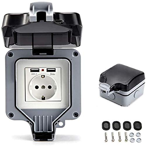 Aussensteckdose IP66 Steckdose mit USB-Anschlüsse Elektrische Wasserdichte Wandsteckdose Aussensteckdose Aufputz Schutzkontakt Outdoor Garten Steckdose Aussenbereich Wasserdicht (Einzelsteckdose)