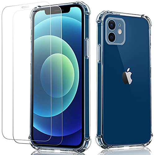 YBPowercable For iPhone 12/12 Pro Clear Case,iPhone12/12pro Phone Case and Screen Protector Tempered Glass 2Pack,Soft TPU Protective Cover Shockproof,Rreinforced Corner-Pure Clear-6.1 inch