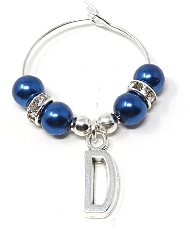 Personalised Dark Blue Pearl Initial Letter Wine Gin Prosecco Glass Charms Birthday Hen Wedding Christmas Party
