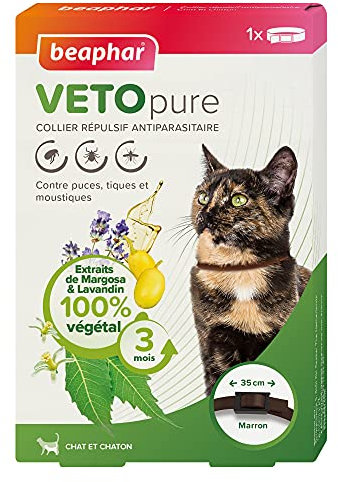 BEAPHAR – VETOPURE – Collier répulsif antiparasitaires pour Chat & Chaton – Extraits de Margosa & de Lavandin – Contre Les puces/tiques/moustiques – Protection 3 Mois – Résiste à l’Eau – Marron