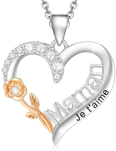 ENGRAWELRY Collier Femme Gravé Maman Je t'aime en Argent 925 Pendentif Cœur et Rose avec Cristal Bijoux Cadeau Original pour Noël Fête des Mères Anniversaire