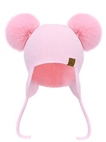 Upstar Kinder Beanie Mütze 100% Kaschmir mit Zwei Bommel für Frühling Herbst Winter Unisex (rosa)