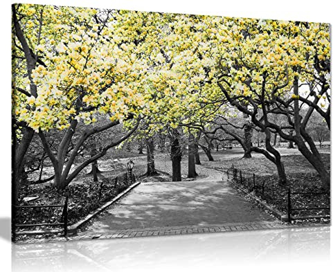 Yellow Floral Canvas Wall Art Large 36x24 Inch, Ready to Hang Framed Print | Grey and Yellow Blossom Pictures for Living Room, Bedroom - Stretched on Pine Frame, Gallery Wrapped by Panther Print