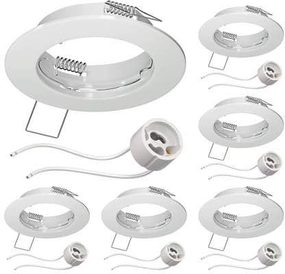 ledscom.de 6 Stück Deckeneinbaurahmen FERE, rund, weiß glänzend (GU10/MR16/GU5,3/50mm) inkl. GU10 Fassung
